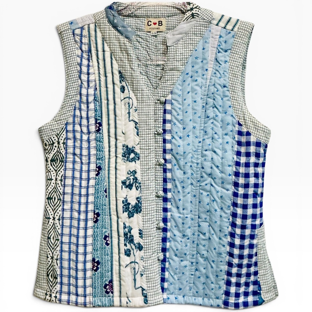 CB Positano‎ Upcycled Quilted Patchwork Vest Blue White Gingham Toile S/M Rare
